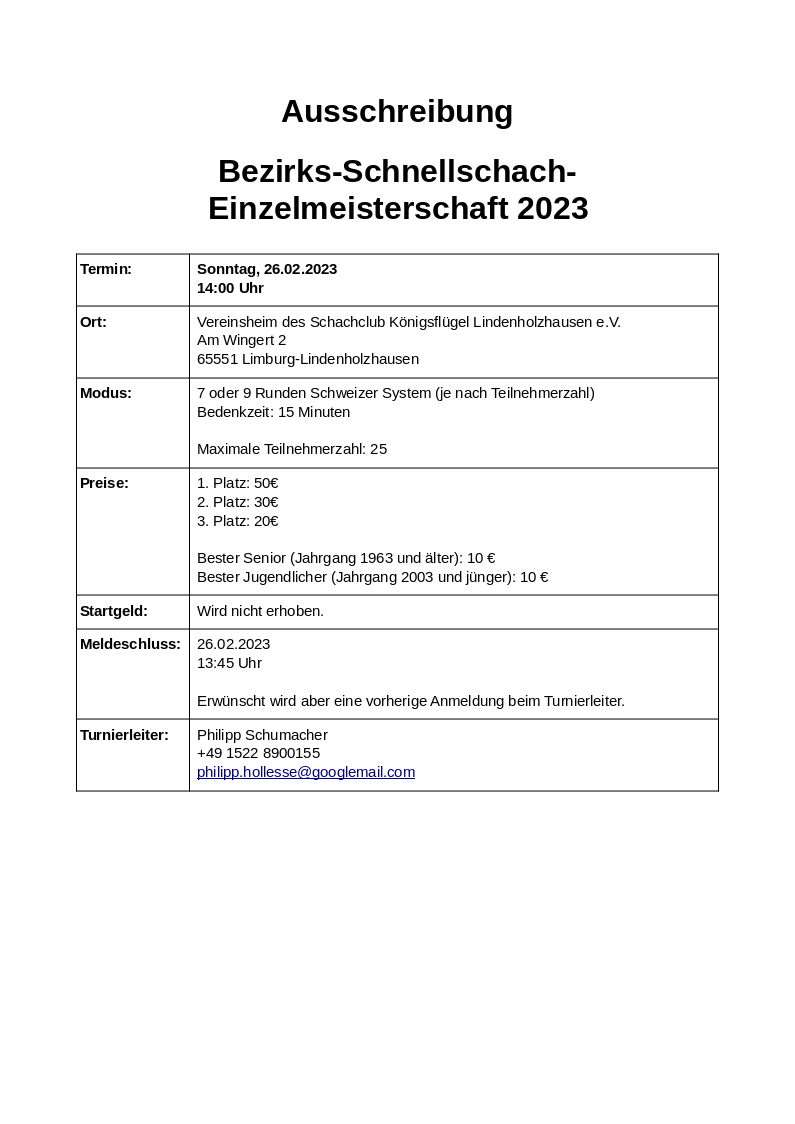 Ausschreibung Schnellschach 2023